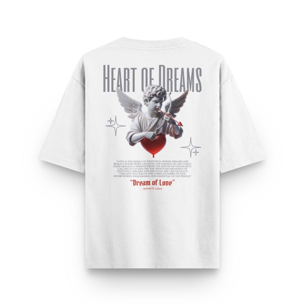 Beyaz oversize tişört arka yüz – Heart of Dreams melek ve kalp baskılı unisex tasarım