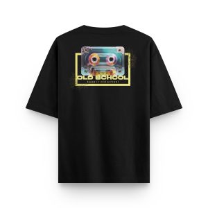 Old School Oversize Tişört kaset baskılı siyah oversize tişört – unisex model
