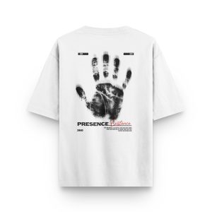 Beyaz Oversize Tişört Presence Existence el izi baskılı beyaz oversize unisex tişört