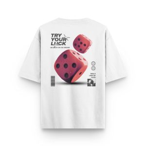 Beyaz Oversize Tshirt Try Your Luck Sırt Baskılı T-shirt