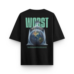 World Baskılı Siyah Oversize Tişört Dünya 1242