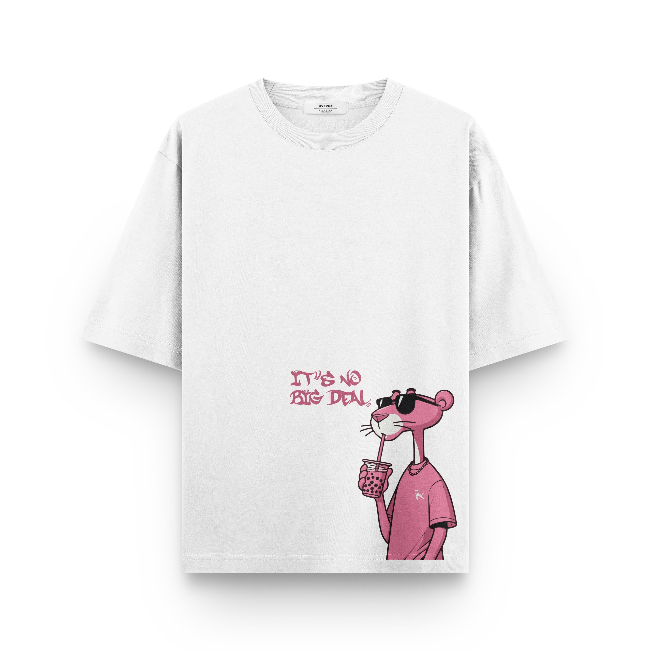 Erkek / Kadın Beyaz Pembe Panter Baskılı Oversize Tişört 1264